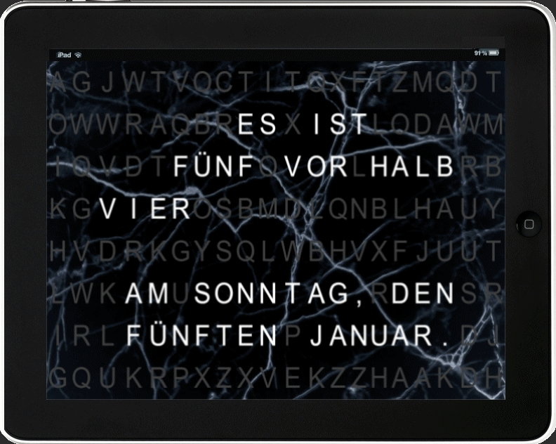 Wortuhr auf iPad mit animierter Marmor-Hintergrunddarstellung